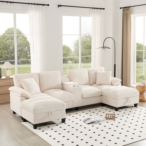 Canapé Compressé - Canapé angle fixe - 4 places - USB - Porte-gobelets - Coussins - Beige