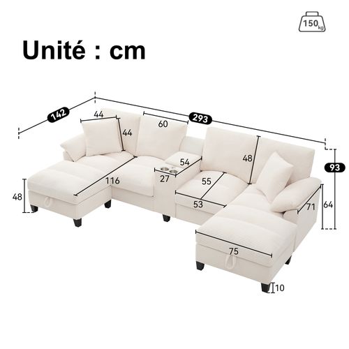 Canapé Compressé - Canapé angle fixe - 4 places - USB - Porte-gobelets - Coussins - Beige
