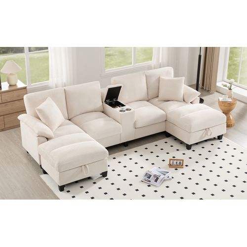 Canapé Compressé - Canapé angle fixe - 4 places - USB - Porte-gobelets - Coussins - Beige