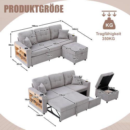 Canapé-lit Convertible 3 Places - Avec LED - Fonction Lit - Coussins -structure Contreplaqué -gris