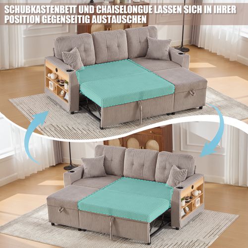 Canapé-lit Convertible 3 Places - Avec LED - Fonction Lit - Coussins -structure Contreplaqué -gris