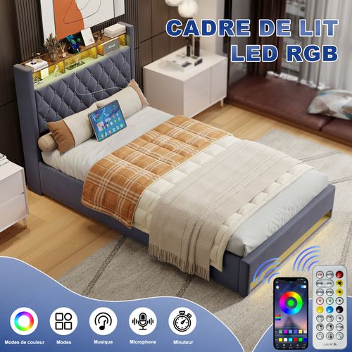 Lit Double 140x190 Cm - Capitonné En Velours Gris Avec LED Et USB - Moderne