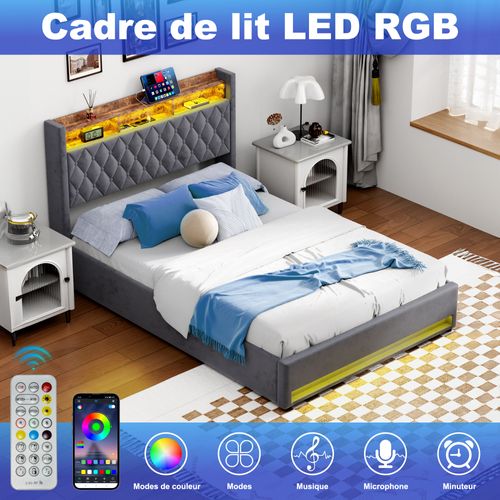 Lit Double 140x190 Cm - Capitonné En Velours Gris Avec LED Et USB - Moderne