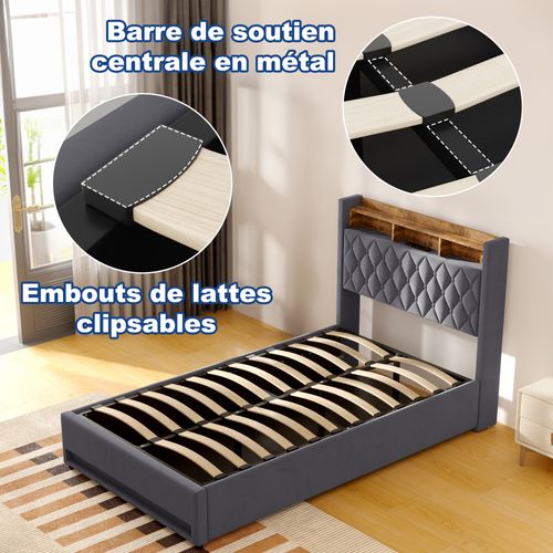 Lit Double 140x190 Cm - Capitonné En Velours Gris Avec LED Et USB - Moderne