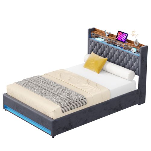 Lit Double 140x190 Cm - Capitonné En Velours Gris Avec LED Et USB - Moderne