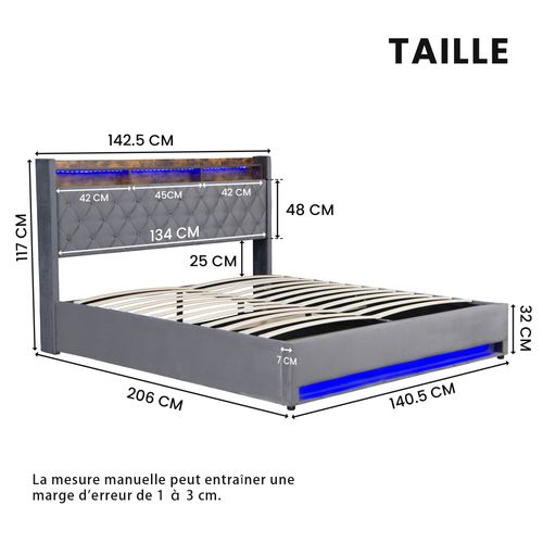Lit Double 140x190 Cm - Capitonné En Velours Gris Avec LED Et USB - Moderne