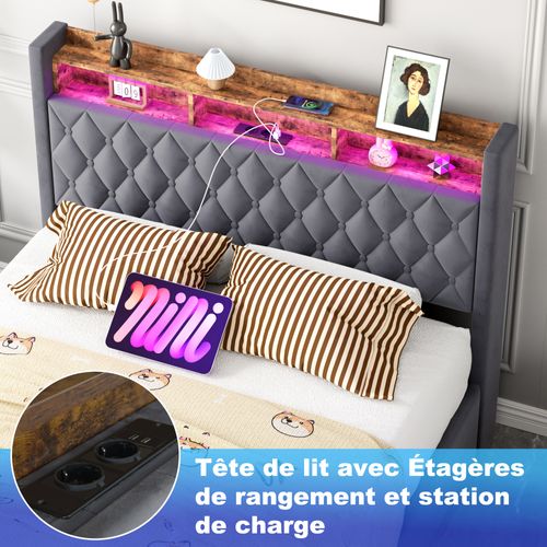 Lit Double 140x190 Cm - Capitonné En Velours Gris Avec LED Et USB - Moderne