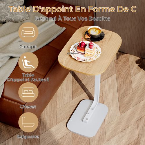 Table de canapé -Table d’appoint compacte - Plateau en bois - Structure Métal -Naturel+Blanc