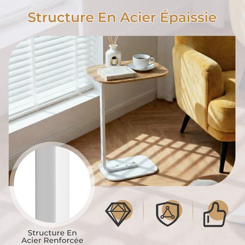 Table de canapé -Table d’appoint compacte - Plateau en bois - Structure Métal -Naturel+Blanc