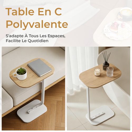 Table de canapé -Table d’appoint compacte - Plateau en bois - Structure Métal -Naturel+Blanc