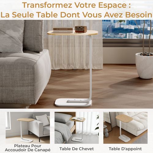 Table de canapé -Table d’appoint compacte - Plateau en bois - Structure Métal -Naturel+Blanc