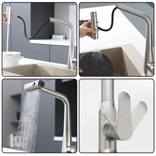 Robinet De Cuisine - Mitigeur Évier Avec Tête Extensible Et Pivot 360° - Acier Inoxydable - Argent