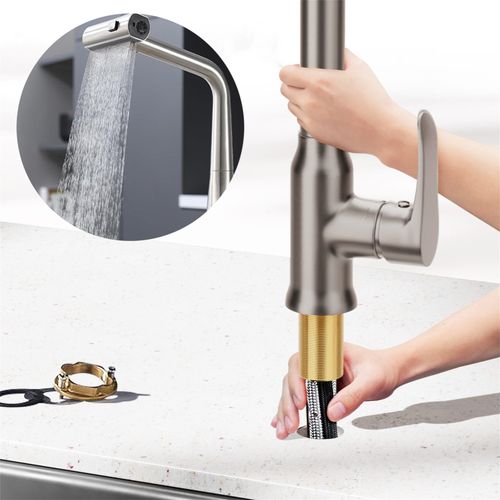 Robinet De Cuisine - Mitigeur Évier Avec Tête Extensible Et Pivot 360° - Acier Inoxydable - Argent