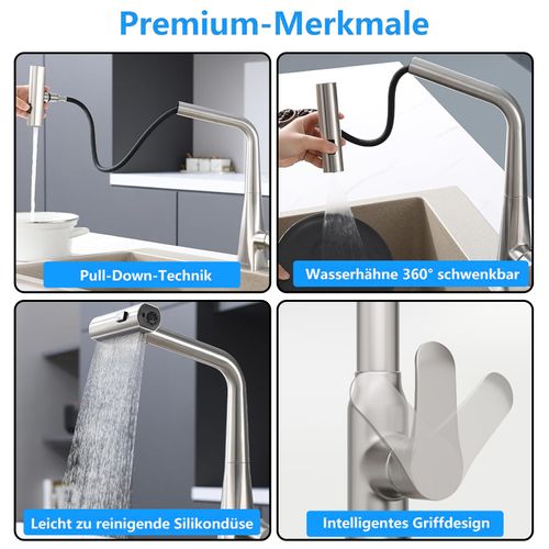 Robinet De Cuisine - Mitigeur Évier Avec Tête Extensible Et Pivot 360° - Acier Inoxydable - Argent