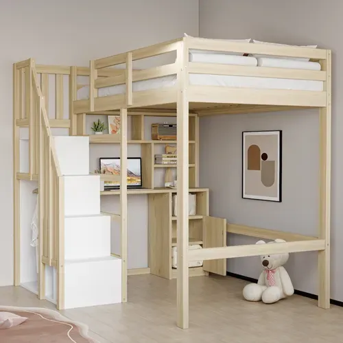 Lit Mezzanine 90x200 Cm - Bureau Et Rangement - Armoire Intégrée - Échelle Sécurisée - Naturel