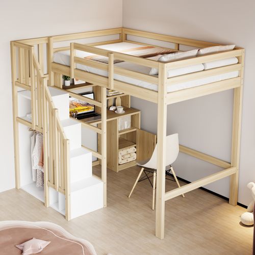 Lit Mezzanine 90x200 Cm - Bureau Et Rangement - Armoire Intégrée - Échelle Sécurisée - Naturel