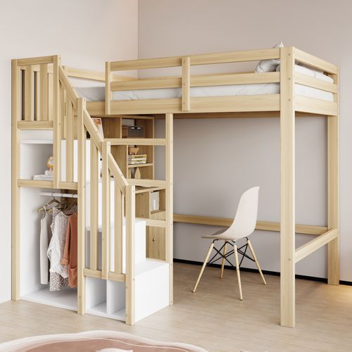 Lit Mezzanine 90x200 Cm - Bureau Et Rangement - Armoire Intégrée - Échelle Sécurisée - Naturel