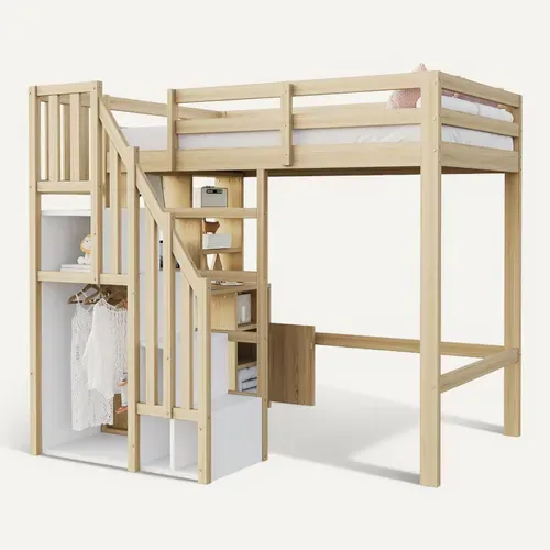Lit Mezzanine 90x200 Cm - Bureau Et Rangement - Armoire Intégrée - Échelle Sécurisée - Naturel