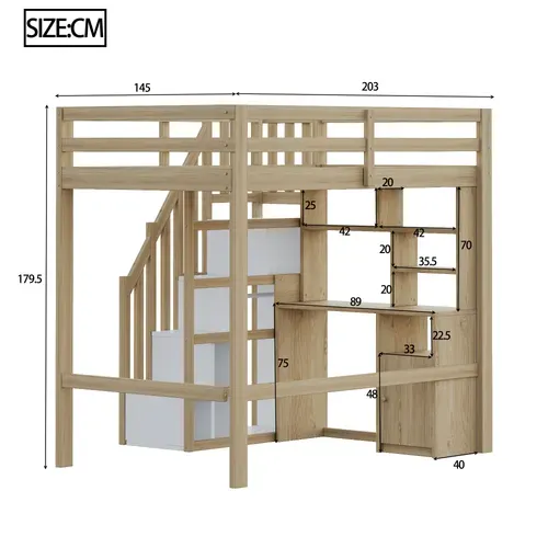 Lit Mezzanine 90x200 Cm - Bureau Et Rangement - Armoire Intégrée - Échelle Sécurisée - Naturel