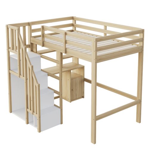 Lit Mezzanine 90x200 Cm - Bureau Et Rangement - Armoire Intégrée - Échelle Sécurisée - Naturel