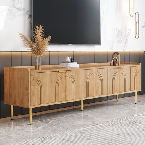 Meuble TV , Avec Portes Texturées Et Pieds Métalliques Dorés - Salon, Coin Multimédia,mdf,naturel