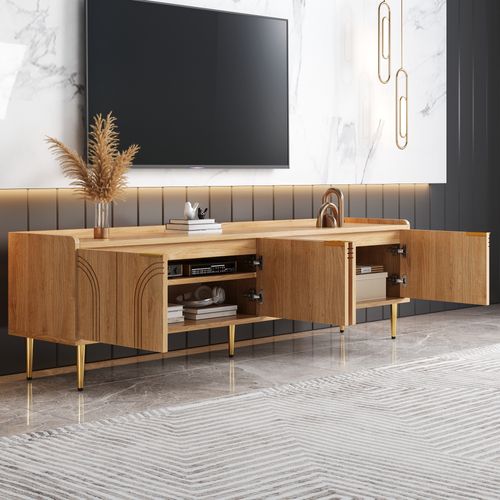 Meuble TV , Avec Portes Texturées Et Pieds Métalliques Dorés - Salon, Coin Multimédia,mdf,naturel