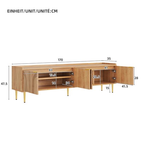 Meuble TV , Avec Portes Texturées Et Pieds Métalliques Dorés - Salon, Coin Multimédia,mdf,naturel