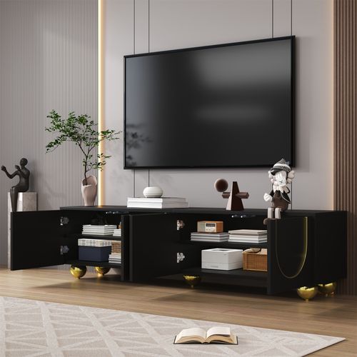 MB Muebles Bonitos - Meuble TV Elio Avec Lumière LED, 1 Tiroir Push, Mélamine Brillante Noir - 130x45x35 Cm