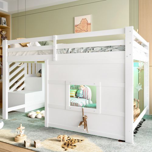 Lit Mezzanine 140x200 Ado Avec Escaliers De Rangement, Garde-corps Et LED,structure Stable, Blanc