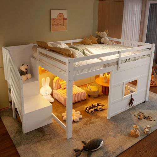 Lit Mezzanine 140x200 Ado Avec Escaliers De Rangement, Garde-corps Et LED,structure Stable, Blanc