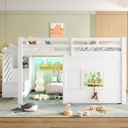 Lit Mezzanine 140x200 Ado Avec Escaliers De Rangement, Garde-corps Et LED,structure Stable, Blanc