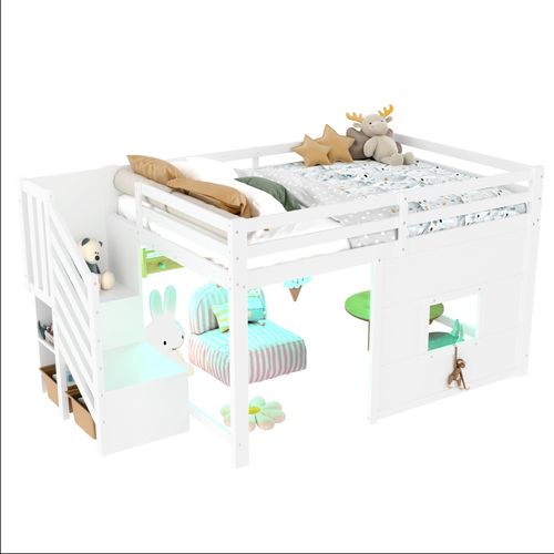 Lit Mezzanine 140x200 Ado Avec Escaliers De Rangement, Garde-corps Et LED,structure Stable, Blanc