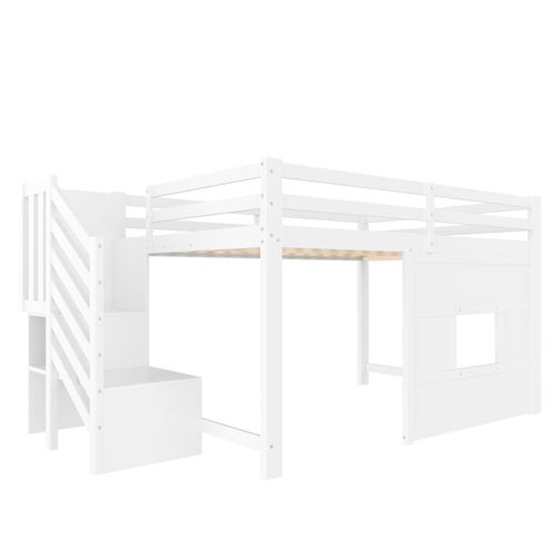 Lit Mezzanine 140x200 Ado Avec Escaliers De Rangement, Garde-corps Et LED,structure Stable, Blanc