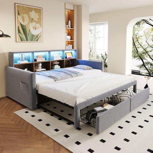 Lit Gigogne 90x190 Cm, Lit Simple Pour Chambre D’ado, Contrôle LED Par Bluetooth, Velours Gris Clair