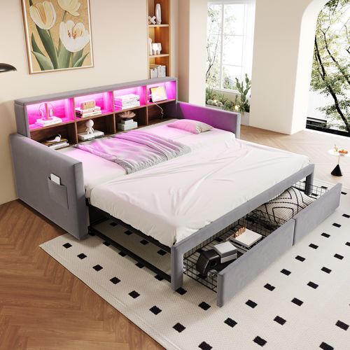 Lit Gigogne 90x190 Cm, Lit Simple Pour Chambre D’ado, Contrôle LED Par Bluetooth, Velours Gris Clair