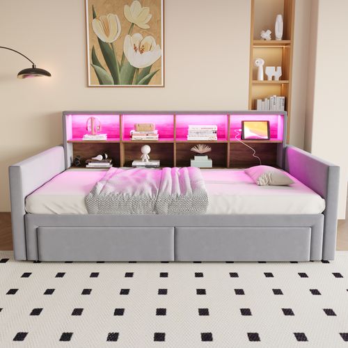 Lit Gigogne 90x190 Cm, Lit Simple Pour Chambre D’ado, Contrôle LED Par Bluetooth, Velours Gris Clair