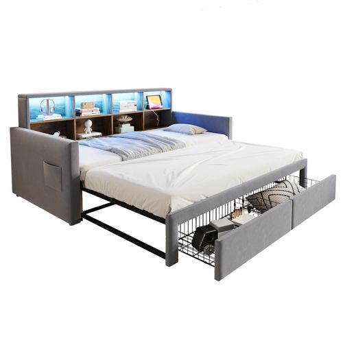 Lit Gigogne 90x190 Cm, Lit Simple Pour Chambre D’ado, Contrôle LED Par Bluetooth, Velours Gris Clair
