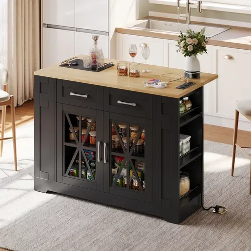 Îlot De Cuisine - Table Pliante - 2 Portes - Étagères Réglables - Prises Électriques - Noir