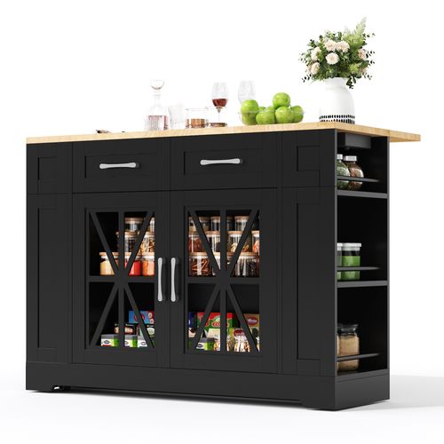 Îlot De Cuisine - Table Pliante - 2 Portes - Étagères Réglables - Prises Électriques - Noir