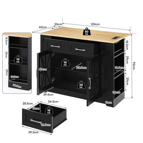 Îlot De Cuisine - Table Pliante - 2 Portes - Étagères Réglables - Prises Électriques - Noir