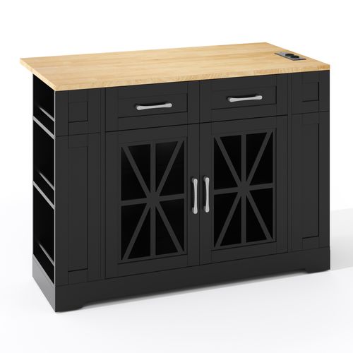 Îlot De Cuisine - Table Pliante - 2 Portes - Étagères Réglables - Prises Électriques - Noir