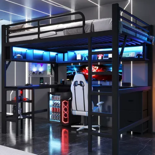 Lit Mezzanine 140 X 200 Cm, Lit Ado Avec Bureau, Armoire,rangements Et LED, Structure Stable,noir