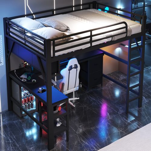 Lit Mezzanine 140 X 200 Cm, Lit Ado Avec Bureau, Armoire,rangements Et LED, Structure Stable,noir