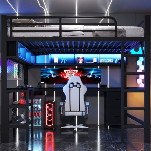Lit Mezzanine 140 X 200 Cm, Lit Ado Avec Bureau, Armoire,rangements Et LED, Structure Stable,noir