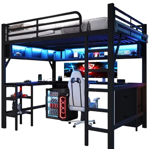 Lit Mezzanine 140 X 200 Cm, Lit Ado Avec Bureau, Armoire,rangements Et LED, Structure Stable,noir