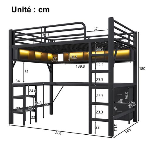 Lit Mezzanine 140 X 200 Cm, Lit Ado Avec Bureau, Armoire,rangements Et LED, Structure Stable,noir