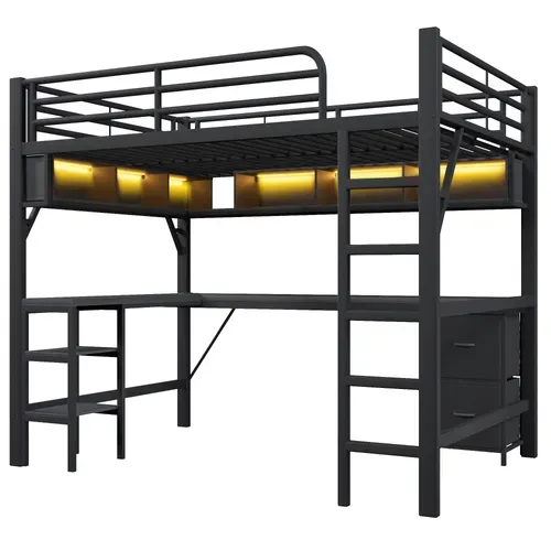 Lit Mezzanine 140 X 200 Cm, Lit Ado Avec Bureau, Armoire,rangements Et LED, Structure Stable,noir