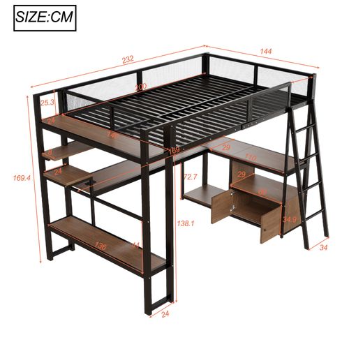 Lit Mezzanine 140x200,lit Ado Avec Bureau Et LED Intégrée,garde-corps Sécurisé,structure Stable,noir