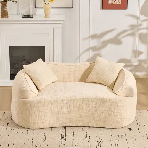 Canapé 2 Places - Design Arrondi - Accoudoirs - Assise Moelleuse - Coussins - Tissu Chenille - Beige