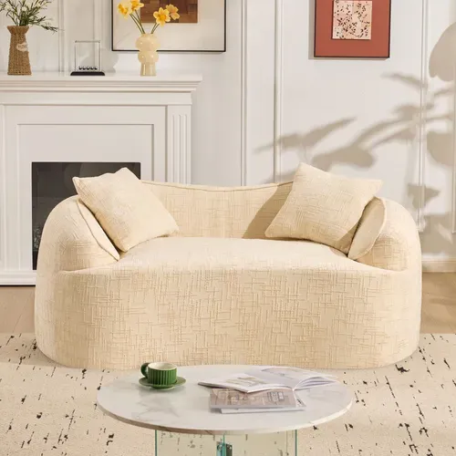 Canapé 2 Places - Design Arrondi - Accoudoirs - Assise Moelleuse - Coussins - Tissu Chenille - Beige